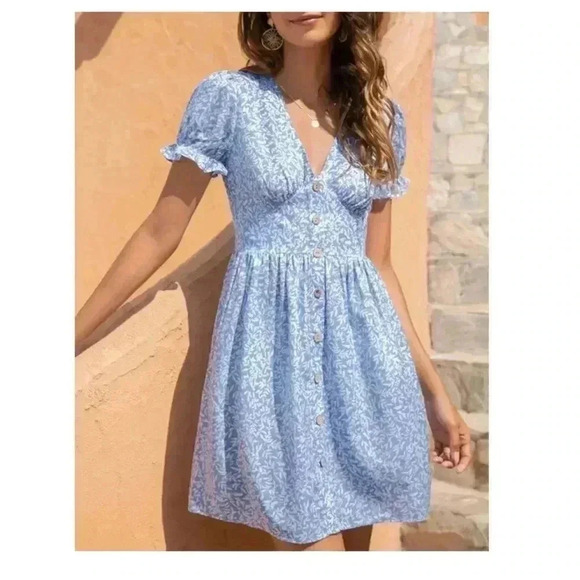 🆕Trendy Summer Blue Leaf Botton Trail A-Line Dress S🆕 - Picture 2 of 11
